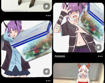 Rule 34 | 3girls, :d, absurdres, arknights, black jacket, blue gloves, character name, commentary, english commentary, food, gloves, hands up, hibiscus (arknights), highres, horns, jacket, lava (arknights), long hair, material growth, meme, multiple girls, navel, nian (arknights), one eye closed, open mouth, oripathy lesion (arknights), photo-referenced, pointy ears, purple eyes, purple hair, purple skirt, red horns, runyo (yale12312), shaded face, short hair, skirt, smile, tongue, tongue out, tupperware, upper body, vegetable, white hair, woe plague be upon ye (meme)