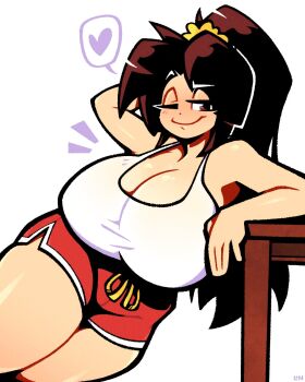 1girl artist_name breasts brown_eyes brown_hair cleavage fatal_fury gigantic_breasts gym_shorts half-closed_eye heart highres huge_breasts leaning_to_the_side legendofnerd looking_at_viewer notice_lines one_eye_closed ponytail red_shorts shiranui_mai shorts solo speech_bubble spoken_heart street_fighter street_fighter_6 table tank_top the_king_of_fighters white_background white_tank_top