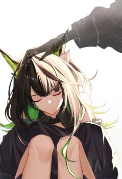 1girl arknights bare_shoulders black_hair black_jacket closed_eyes colored_inner_hair etru_faufau facing_viewer fading green_hair hand_on_another&#039;s_head headpat highres jacket long_hair mon3tr_(arknights) multicolored_hair no_mouth off_shoulder out_of_frame solo_focus white_background