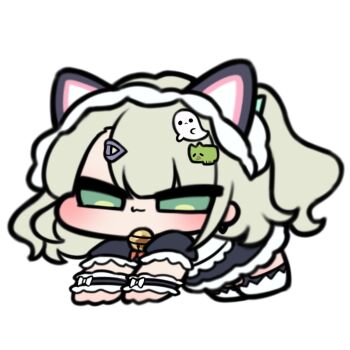1girl :3 all_fours animal_ear_hairband animal_ears bell black_dress cat_ear_hairband cat_ears chibi chibi_only closed_mouth dress earrings fake_animal_ears full_body ghost_hair_ornament green_eyes green_hair hair_ornament hairband half-closed_eyes heart heart_hair_ornament highres jewelry maid maid_headdress multiple_hair_clips neck_bell official_alternate_costume otu_(o2h2_oh4) simple_background solo sunna_(afternoon_tea_break)_(zenless_zone_zero) sunna_(zenless_zone_zero) white_background zenless_zone_zero