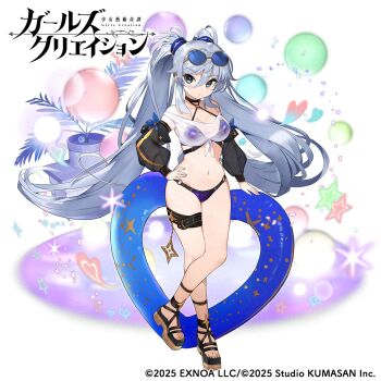 1girl :< belt bikini black_sleeves blue-tinted_eyewear blue_eyes blue_hair breasts closed_mouth commentary_request copyright_logo copyright_name copyright_notice crossed_ankles detached_sleeves eyewear_on_head full_body girls_creation hair_between_eyes hand_on_own_hip highres innertube logo long_hair looking_at_viewer medium_breasts michelangelo_(girls_creation) nauribon official_art purple_bikini sandals see-through_clothes see-through_shirt see-through_sleeves shirt simple_background sleeveless sleeveless_shirt solo standing sunglasses swim_ring swimsuit tachi-e thigh_belt thigh_strap tied_shirt tinted_eyewear tsurime twintails very_long_hair white_background white_shirt