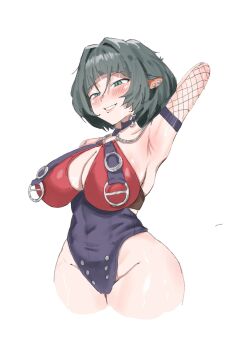 Rule 34 | 1girl, animal ears, armpits, black hair, blue eyes, blush, breasts, choker, cleavage, curvy, dipnash 00, fishnet gloves, fishnets, gloves, highleg, highleg leotard, highleg one-piece swimsuit, highres, jane doe (nocturne of light) (zenless zone zero), jane doe (zenless zone zero), large breasts, leather leotard, leotard, mouse ears, mouse girl, o-ring, o-ring choker, o-ring leotard, o-ring swimsuit, official alternate costume, one-piece swimsuit, short hair, simple background, smile, solo, swimsuit, white background, wide hips, zenless zone zero