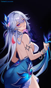 1girl ass backless_dress backless_outfit black_background bracelet breasts claws clenched_teeth dress earrings gradient_clothes gradient_dress grey_hair hair_ornament highres honkai:_star_rail honkai_(series) jewelry long_hair looking_at_viewer looking_back medium_breasts open_mouth purple_eyes silver_bracelet solo teeth tomatolaccoon yao_guang_(honkai:_star_rail)