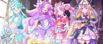 Rule 34 | 4girls, :d, ahoge, akechi anna, antenna hair, black bow, black capelet, blonde hair, blue eyes, blue hair, blue hat, blue skirt, bow, braid, brooch, brown eyes, butterfly hat ornament, capelet, closed mouth, commentary request, creature, cure answer, cure arcana shadow, cure eclair, cure mystique, double bun, dress, gloves, gradient hair, green hair, hair bow, hair bun, hair intakes, hair ornament, hat, hat ornament, heart, heart brooch, heart hair ornament, holding, holding staff, holding wand, imesungkang07, impossible hair, indoors, jewelry, kobayashi mikuru, layered dress, long hair, looking at viewer, magical girl, meitantei precure!, midriff, mini hat, mini top hat, moria luluka, multicolored hair, multiple girls, navel, open mouth, parted bangs, pink capelet, pink dress, pink gloves, pink hair, pink shoes, pouch, precure, purple bow, purple capelet, purple dress, purple eyes, purple gloves, purple hair, purple shoes, red bow, shoes, skirt, smile, staff, standing, stomach, symmetry, tear arcana rod, thighhighs, top hat, twin braids, wand, white thighhighs