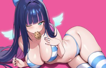 1girl aqua_eyes bikini blue_bikini blue_hair breasts cookie food food_in_mouth kaptivate large_breasts long_hair looking_at_viewer lying mouth_hold multicolored_hair navel on_side one_eye_closed panty_&amp;_stocking_with_garterbelt pink_background pink_hair simple_background solo stocking_(psg) striped_bikini striped_clothes striped_thighhighs swimsuit thighhighs thighs two-tone_hair wings