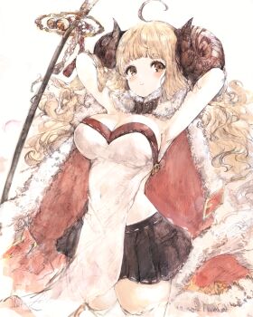 1girl absurdres ahoge anila_(granblue_fantasy) blonde_hair blush breasts cape covered_navel curled_horns draph fur-trimmed_cape fur_trim granblue_fantasy highres horns large_breasts long_hair miniskirt navel polearm red_cape sheep_horns skirt smile solo thighhighs tsutsugano very_long_hair weapon white_thighhighs yellow_eyes zettai_ryouiki