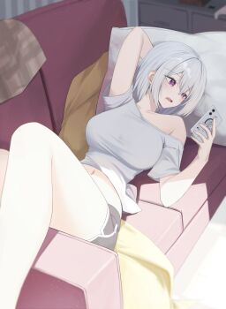 Rule 34 | 1girl, absurdres, arm behind head, armpit crease, body markings, breasts, cellphone, character request, commentary request, copyright request, couch, dolphin shorts, double-parted bangs, drooling, feet out of frame, grey hair, grey shirt, grey shorts, hair between eyes, head on pillow, highres, holding, holding phone, indoors, korean commentary, large breasts, long bangs, looking at phone, looking to the side, lying, midriff peek, mole, mole under eye, mouth drool, navel, off-shoulder shirt, off shoulder, on back, on couch, open mouth, phone, pillow, purple eyes, shirt, short hair, short shorts, short sleeves, shorts, sidelocks, single bare shoulder, single off shoulder, smartphone, solo, turning head, virtual youtuber, yt9676