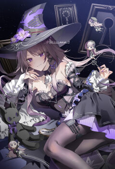 1girl absurdres bare_shoulders black_dress black_pantyhose breasts brown_hair cleavage closed_mouth clothing_cutout detached_sleeves dress flower frills hat hat_flower herta_(honkai:_star_rail) highres honkai:_star_rail honkai_(series) key long_hair looking_at_viewer lying medium_breasts nail_polish on_side pantyhose purple_eyes purple_nails q_(llll4414_j) smile solo stuffed_toy witch witch_hat