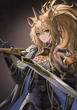 1girl absurdres animal_ear_fluff animal_ears arknights armor black_cloak black_gloves black_jacket black_skirt blonde_hair brown_shirt chinese_commentary cloak closed_mouth commentary_request crown faulds gloves hair_between_eyes highres holding holding_sword holding_weapon jacket jiang_wu_(user_wewj7328) lion_ears lion_girl long_hair ponytail shirt siege_(arknights) skirt solo sword turtleneck turtleneck_shirt vina_victoria_(arknights) weapon yellow_eyes