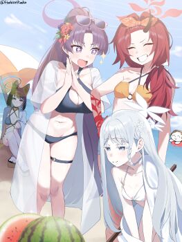 Rule 34 | + +, 1boy, 4girls, absurdres, animal ears, beach, beach umbrella, black hair, blue archive, blue halo, blue sky, breasts, cat ears, cat girl, closed eyes, cloud, collarbone, commentary request, fang, food, fruit, grey hair, halo, highres, horns, hyakkaryouran (blue archive), kashio (92984798), kikyou (blue archive), kikyou (swimsuit) (blue archive), large breasts, legband, long hair, multiple girls, nagusa (blue archive), nagusa (swimsuit) (blue archive), navel, open mouth, purple hair, purple halo, red hair, red halo, renge (blue archive), renge (swimsuit) (blue archive), sensei (blue archive), single horn, skin fang, sky, small breasts, swimsuit, teeth, thick thighs, thighs, umbrella, water, watermelon, white halo, yukari (blue archive), yukari (swimsuit) (blue archive)