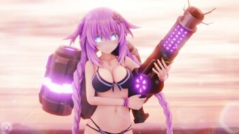 1girl 3d blender_(medium) blue_eyes blush braid breasts cleavage commentary english_commentary gun hair_ornament highres holding holding_gun holding_weapon litevisory73 long_hair medium_breasts neptune_(series) power_symbol power_symbol-shaped_pupils purple_hair purple_heart_(neptunia) sidelocks smile solo swimsuit symbol-shaped_pupils tower_defense_simulator twin_braids very_long_hair weapon