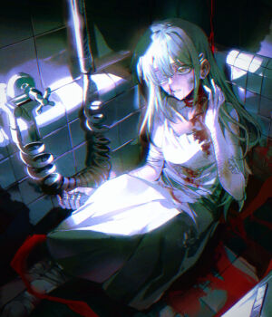 Rule 34 | 1girl, absurdres, bandaid, bang dream!, bang dream! it's mygo!!!!!, blood, commentary, dress, english commentary, eyepatch, green hair, hair ornament, hairclip, highres, injury, long hair, ne2op, open mouth, self-harm, solo, sweat, wakaba mutsumi, white dress, yellow eyes