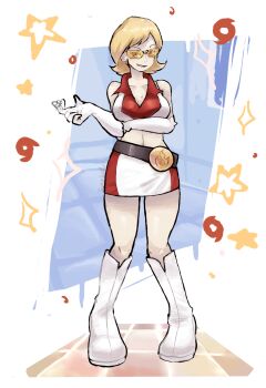 1girl bare_shoulders belt black_belt blonde_hair boots breasts cleavage collarbone collared_shirt commission crop_top elbow_gloves gloves go-rock_squad go-rock_squad_grunt_(pokemon) highres midriff mixed-language_commentary nintendo open_mouth pixiv_commission pokemon pokemon_ranger_(series) pokemon_ranger_1 ragou2niko shirt short_hair skirt sleeveless sleeveless_shirt smile solo standing star_(symbol) tinted_eyewear variant_set white_boots white_gloves white_shirt white_skirt yellow-tinted_eyewear