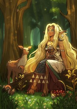1girl animal animal_on_shoulder barefoot basket bird bird_on_shoulder blonde_hair body_markings chaendeulleo closed_mouth creature dark-skinned_female dark_skin deer dress earrings facial_mark flower forest fruit_basket full_body grass green_eyes highres jewelry korok lily_(flower) long_dress long_hair magatama magatama_necklace nature necklace nintendo parted_bangs pointy_ears secret_stone sitting sitting_on_log sonia_(zelda) squirrel sundelion the_legend_of_zelda the_legend_of_zelda:_tears_of_the_kingdom wavy_hair white_dress yellow_flower