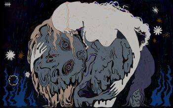 1boy 1girl abstract abstract_background black_background black_eyes braid breasts comforting corpse cradling_head crown crying elden_ring eldritch_abomination flower godwyn_the_golden gold_crown gold_tiara highres holding_hands hug hug_from_behind large_breasts long_hair looking_at_viewer lululu0111 melting mermaid merman monster_boy monster_girl mother_and_son nude painterly queen_marika_the_eternal sad silhouette single_braid staring surreal thorns tiara very_long_hair withered