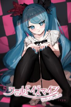 1girl aqua_eyes back checkered_background commentary_request hands_on_own_knees hatsune_miku highres knees_together_feet_apart long_hair miniskirt pout shirt sitting skirt solo soyaka thighhighs twintails very_long_hair vocaloid white_shirt world_is_mine_(vocaloid) zettai_ryouiki