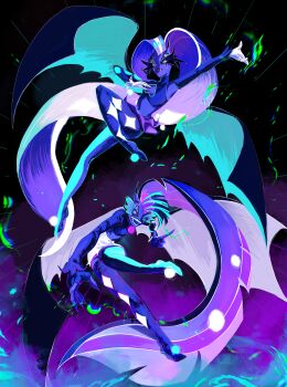 2girls 4442356893 absurdres aqua_wings asymmetrical_bangs asymmetrical_legwear breasts colored_sclera colored_skin crop_top dark_background demon demon_girl demon_horns demon_wings glam_(helluva_boss) glitz_(helluva_boss) gloves hellaverse helluva_boss highres horns long_hair mismatched_legwear multicolored_hair multiple_girls ponytail purple_skin siblings sisters skirt small_breasts twins two-tone_gloves very_long_hair white_skirt wings