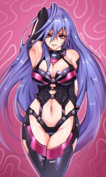 1girl absurdres arm_behind_head black_bodysuit black_gloves blue_hair bodysuit breasts clothing_cutout earrings elbow_gloves gloves hair_between_eyes highres hip_vent hoop_earrings iris_heart_(neptunia) jewelry kami_jigen_game_neptune_v large_breasts long_hair looking_at_viewer navel neptune_(series) nyanmech pink_background pink_eyes power_symbol power_symbol-shaped_pupils revealing_clothes solo symbol-shaped_pupils very_long_hair wide_hips