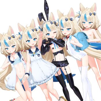 3d 3d_screencap 5girls :d ;d ahoge aliasing alternate_costume animal_collar animal_ear_fluff animal_ear_hairband animal_ears arched_back arm_at_side arm_up backpack bag bare_arms bell bikini bikini_under_clothes black_nails black_panties black_shrug black_skirt black_thighhighs blonde_hair blue_bag blue_bow blue_eyes blue_neckerchief blue_ribbon blue_sailor_collar blue_scrunchie blue_streaks blue_tail blush bow brown_sandals buttons cat_ears collar commentary_request completely_nude contrapposto cross cross_pasties crossed_legs crown_(symbol) crown_hair_ornament detached_collar dress dutch_angle empire_waist fake_animal_ears fingernails fins fish_girl fish_tail flat_chest four-finger_heart_hands frilled_bikini frilled_dress frilled_sailor_collar frills furrowed_brow garter_belt grin hair_bow hair_flaps hairband halterneck hand_up hands_up head_tilt heart heart_hands highleg highleg_bikini highres holding_strap indie_virtual_youtuber jingle_bell jitome koikatsu_(medium) leg_up lifebuoy_anklet lifebuoy_hair_ornament lineup long_hair looking_ahead looking_at_viewer low_twintails maid_headdress micro_panties microskirt multicolored_hair multiple_girls multiple_persona nail_polish navel neck_bell neck_ribbon neckerchief nipples nontraditional_playboy_bunny nude o-ring old_school_swimsuit one-piece_swimsuit one_eye_closed one_side_up open_clothes open_dress open_mouth outstretched_arm paid_reward_available panties pasties pleated_skirt rabbit_ear_hairband rabbit_ears raised_eyebrows randoseru red_collar revealing_clothes ribbon sailor_collar sailor_dress sameko_saba sandals school_swimsuit scrunchie short_dress shrug_(clothing) side-tie_panties simple_background single_ear_down skirt sleeveless sleeveless_dress smile standing standing_on_one_leg stomach streaked_hair striped_bikini striped_clothes striped_scrunchie suya swimsuit tail thighhighs twintails underwear v-shaped_eyebrows very_long_hair virtual_youtuber watson_cross white_background white_dress white_one-piece_swimsuit white_streaks white_thighhighs wrist_scrunchie