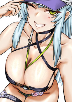 1girl absurdres aqua-tinted_eyewear armband bikini black_bikini breasts commentary cross-laced_bikini cross-laced_clothes english_commentary facial_mark girls'_frontline girls'_frontline_2:_exilium green_armband highres hk416_(girls'_frontline) klukai_(cerulean_breaker)_(girls'_frontline_2) klukai_(girls'_frontline_2) large_breasts looking_at_viewer naughty_face necklace_between_breasts one_eye_closed sam_desu simple_background swimsuit tattoo teardrop teardrop_facial_mark teardrop_tattoo thighs tinted_eyewear visor_cap wet_bikini
