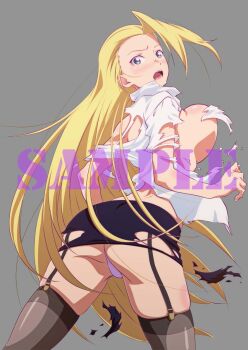 Rule 34 | 1girl, ass, black thighhighs, blonde hair, blue eyes, blush, body blush, bouncing breasts, breasts, collared shirt, convenient censoring, cowboy shot, female focus, from behind, garter straps, grey background, heion sedai no idaten-tachi, large breasts, legs apart, long hair, looking at viewer, looking back, no bra, nose blush, official art, open mouth, panties, pantyshot, pink panties, piscalat, purple skirt, sample watermark, shirt, simple background, skindentation, skirt, solo, standing, teeth, thick thighs, thighhighs, thighs, tongue, torn clothes, torn shirt, torn skirt, underwear, upper teeth only, very long hair, watermark, white shirt