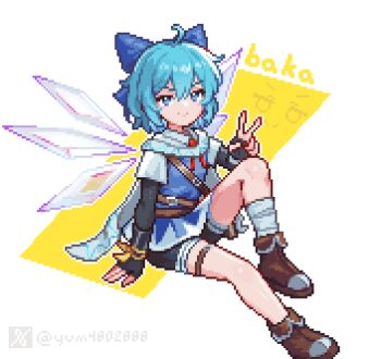 1girl ahoge black_gloves black_shorts blue_bow blue_eyes blue_hair blue_tunic boots bow brown_boots cirno commentary detached_wings english_text fairy fingerless_gloves full_body gloves hair_bow highres ice ice_wings looking_at_viewer ninja outline pixel_art scarf short_hair shorts simple_background sitting smile socks solo thigh_strap touhou tunic twitter_username twitter_x_logo v white_background white_outline white_scarf white_socks wings youmo_de_chihuo