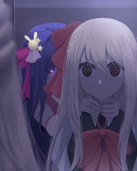 Rule 34 | 2girls, bare shoulders, black shirt, blonde hair, blue hair, blurry, blurry foreground, commentary request, empty eyes, highres, hoshino ai, hoshino ruby, idol, looking at mirror, mirror, mother and daughter, multiple girls, oshi no ko, pink eyes, purple eyes, rayamamami, shirt, star-shaped pupils, star (symbol), symbol-shaped pupils