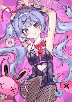 1girl animal_ears bare_shoulders black_leotard blue_eyes blue_hair blush bound bound_wrists bow bowtie bunny_day card cellphone clothing_cutout cuffs cutout_above_navel detached_collar donut fake_animal_ears fishnet_pantyhose fishnets food hair_ornament hairband handcuffs hashtag-only_commentary hatsune_miku heart_cutout leotard long_hair looking_at_viewer necktie object_in_bra pantyhose peach_4839 phone pink_background pink_theme playboy_bunny playing_card rabbit_ears rabbit_hole_(vocaloid) red_bow red_bowtie red_necktie red_ribbon ribbon short_necktie smile solo teardrop_facial_mark tongue tongue_out twintails vocaloid white_hairband x_hair_ornament x_x