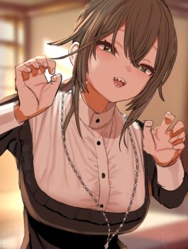 1girl azuse_neko blurry blurry_background blush breasts brown_hair claw_pose commentary_request green_eyes hair_between_eyes indoors jewelry large_breasts long_hair long_sleeves looking_at_viewer necklace open_mouth sharp_teeth sidelocks solo teeth upper_body vrchat