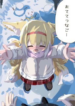 1girl absurdres animal_ears arknights blonde_hair blush chefcooo_jk closed_eyes commentary_request female_pov fox_ears fox_girl fox_tail hairband highres mother_and_daughter multiple_tails pov scarf skirt snow suzuran_(arknights) tail vulpisfoglia_(arknights)