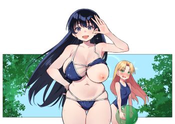 1girl :d absurdres accidental_exposure arato_nagi bairimeng bikini bikini_top_lift black_hair blonde_hair blue_bikini blue_one-piece_swimsuit blush breasts clothes_lift commentary_request earrings gluteal_fold green_eyes highres jewelry large_breasts long_hair navel nipples one-piece_swimsuit one_breast_out open_mouth outdoors ruri_no_houseki smile swimsuit tanigawa_ruri very_long_hair wardrobe_malfunction waving wet