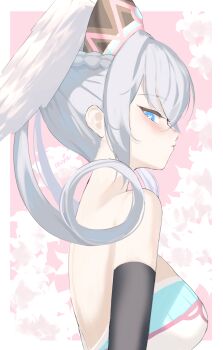 1girl bare_shoulders blue_eyes blush border bright_pupils closed_mouth commentary_request curly_hair grey_hair head_wings highres long_hair looking_at_viewer melia_antiqua outside_border pink_background revvie solo white_border white_pupils wings xenoblade_chronicles_(series) xenoblade_chronicles_1