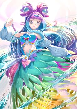 1girl absurdres aqua_eyes aqua_hair aqua_nails breasts cure_la_mer gradient_eyes gradient_hair highres jewelry laura_la_mer layered_skirt long_hair long_sleeves magical_girl medium_breasts multicolored_eyes multicolored_hair navel open_mouth pantyhose pearl_hair_ornament pink_eyes pink_hair precure skirt smile solo stomach tropical-rouge!_precure very_long_hair water white_pantyhose white_sleeves yuutarou_(fukiiincho)