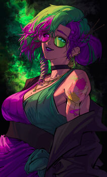 Rule 34 | cupcake, dress, drill hair, drill sidelocks, earrings, food, green dress, green hair, half updo, highres, indie virtual youtuber, jewelry, multicolored hair, necklace, nico artt, pink dress, pink lips, purple hair, shoulder tattoo, sidelocks, simple background, tattoo, two-tone dress, two-tone hair, virtual youtuber
