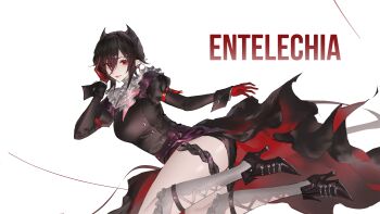 Rule 34 | 1girl, absurdres, arknights, ascot, black dress, black hair, breasts, chinese commentary, commentary request, dress, entelechia (arknights), gloves, grey socks, hair between eyes, high heels, highres, juliet sleeves, long sleeves, looking at viewer, medium breasts, mole, mole under eye, pointy ears, puffy sleeves, red eyes, red gloves, short hair, simple background, socks, solo, vampire, white ascot, white background, yiyanbanshengchou