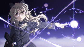 Rule 34 | 1girl, animal ears, ascot, blonde hair, blue jacket, boko (maniacpurple), bren lmg, casting spell, cat ears, cat girl, commentary request, electricity, electrokinesis, gallia air force uniform, glasses, gun, highres, holding, holding gun, holding weapon, jacket, light machine gun, long hair, long sleeves, machine gun, magic, military uniform, open mouth, outstretched arm, partial commentary, perrine h. clostermann, rimless eyewear, solo, strike witches, sweatdrop, upper body, weapon, white ascot, world witches series, yellow eyes