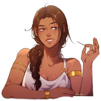 1girl :d bangle bracelet braid brown_eyes brown_hair commentary dark-skinned_female dark_skin effie_(shadow_slave) elbow_rest english_commentary eyeshadow freckles grin highres holding jewelry looking_to_the_side makeup neekaarts o-ring open_mouth parted_lips robe shadow_slave smile solo toothpick upper_body white_robe