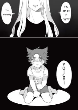 black_background black_shirt camp_buddy may_(2747513627) mother_and_son sad self-harm shirt shoes shorts sitting white_shirt yukimura_yoichi
