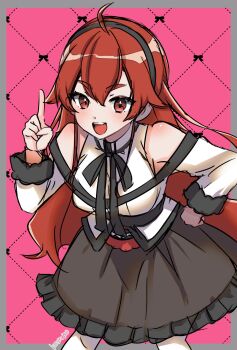 1girl artist_name breasts eris_greyrat fang hairband hand_on_own_hip highres index_finger_raised large_breasts legs long_hair long_skirt looking_at_viewer mushoku_tensei open_mouth pantyhose red_eyes red_hair skirt smile solo teeth thighs tongue
