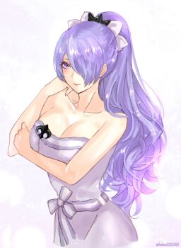 1girl bare_shoulders bathrobe breasts camilla_(fire_emblem) camilla_(hostile_springs)_(fire_emblem) cleavage fire_emblem fire_emblem_fates fire_emblem_heroes hair_over_one_eye helen2210hk large_breasts nintendo official_alternate_costume one_eye_covered ponytail purple_eyes purple_hair simple_background solo