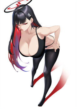 1girl black_bra black_hair black_panties blue_archive blueorca bra breasts cleavage full_body hair_ornament hairclip halo highres large_breasts long_hair no_shoes panties pantyhose red_eyes rio_(blue_archive) solo underwear white_background