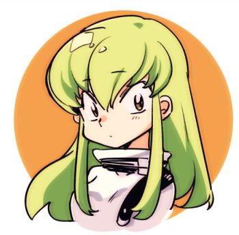 1990s_(style) 1girl blue_hair brown_eyes c.c. code_geass commentary_request creayus cropped_torso long_hair lowres orange_background retro_artstyle sanpaku solo takahashi_rumiko_(style) turtleneck two-tone_background upper_body white_background