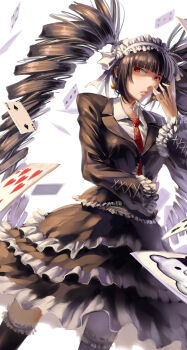10s 1girl big_hair black_hair bonnet card celestia_ludenberg club_(shape) clubs danganronpa:_trigger_happy_havoc danganronpa_(series) diamonds diamonds_(playing_card) drill_hair dutch_angle earrings frilled_thighhighs frills gothic_lolita heart hearts_(playing_card) highres jewelry lolita_fashion long_hair miniskirt necktie playing_card red_eyes red_neckwear ruukii_drift simple_background skirt skirt_set spade spade_(shape) spades thighhighs twin_drills very_long_hair white_background