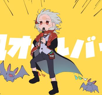 1girl bangs_blown_up bat_(animal) black_boots black_coat boots cloak coat flute full_body grey_hair grey_pants hashtag-only_commentary highres holding holding_flute holding_instrument instrument jacket kyoufuu_all_back_(vocaloid) marching medium_hair music pants parody phunkey playing_flute playing_instrument red_cloak red_eyes reverse:1999 rubuska simple_background solo white_jacket yellow_background