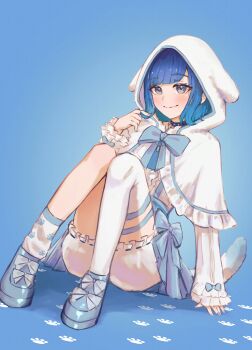 1girl absurdres asymmetrical_legwear black_choker blue_background blue_bow blue_hair blue_nails blue_shoes bow center_frills choker cloak commentary_request dutch_angle frilled_cloak frills gradient_hair grey_eyes highres hood hooded_cloak knees_up mismatched_legwear multicolored_hair parted_bangs paw_print puffy_shorts shoes shorts simple_background sitting solo thigh_strap tsubu_(kappunioyu562) tsumugi_kokage tsumugi_kokage_(2nd_costume) virtual_youtuber vspo!