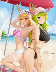 2girls :o absurdres arm_at_side arms_up baseball_cap beach bikini black_bikini black_collar blonde_hair blue_sky breasts chinese_commentary closed_mouth cloud collar commentary_request day feet_out_of_frame film_grain fingernails foot_up from_side green_eyes green_hair hair_between_eyes hand_on_own_arm hat highres horns kobayashi-san_chi_no_maidragon large_breasts light_blush long_bangs long_hair looking_at_viewer lucoa_(maidragon) maid_headdress multiple_girls ocean one_eye_closed outdoors palm_tree parasol parted_lips pink_bikini pink_hat red_eyes sand shenle simple_bird sky slit_pupils smile split_mouth standing striped_bikini striped_clothes swimsuit tohru_(maidragon) tree turning_head umbrella vertical-striped_bikini vertical-striped_clothes water wispy_bangs