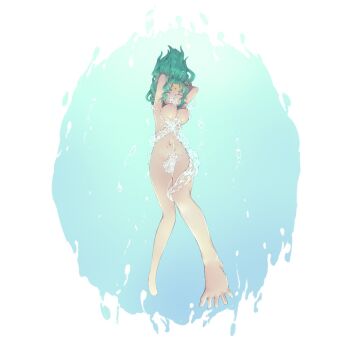 1girl air_bubble aqua_background areola_slip armpits arms_behind_head arms_up asphyxiation barefoot bishoujo_senshi_sailor_moon bubble circlet closed_eyes completely_nude drowning green_hair highres hydrokinesis navel nude rou_(rou22) sailor_neptune thighs underwater water water_censor white_background