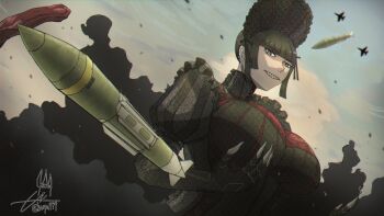 1girl aerial_bomb aircraft airplane black_bonnet blunt_bangs blunt_sidelocks bomb bonnet breasts claws commentary_request destruction dress ear_piercing explosion explosive fighter_jet frilled_bonnet frilled_dress frilled_sleeves frills from_below godzilla godzilla_(series) high_collar huge_breasts itosuke_inumi juliet_sleeves kaiju long_sleeves military_vehicle missile mitsubishi_f-2 multicolored_hair outdoors piercing puffy_sleeves red_streaks ringed_eyes sharp_teeth shin_godzilla shin_godzilla-chan_(itosuke_inumi) sidelocks signature sky solo streaked_hair tail teeth toho_(movie_company) twitter_username upper_body
