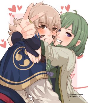 Rule 34 | 1boy, 1girl, aged up, blush, candy, chocolate, chocolate heart, commission, couple, fire, fire emblem, fire emblem fates, food, green hair, grey hair, heart, heart-shaped food, highres, hug, implied kiss, japanese clothes, kiragi (fire emblem), kiss, midori (fire emblem), nintendo, orange eyes, purple eyes, sierra117renner, simple background, v