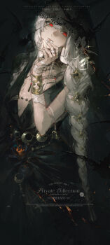 1girl bandaged_arm bandages bat_(animal) black_background black_veil commission dress hands_up highres holding_bandages lace-trimmed_veil lace_trim long_braid looking_at_viewer mouth_hold official_alternate_costume plunging_neckline red_eyes reverse:1999 second-party_source semmelweis_(reverse:1999) semmelweis_(the_wax_and_wane_of_the_heart)_(reverse:1999) sleeveless sleeveless_dress solo upper_body veil watermark white_hair yuanyi_east